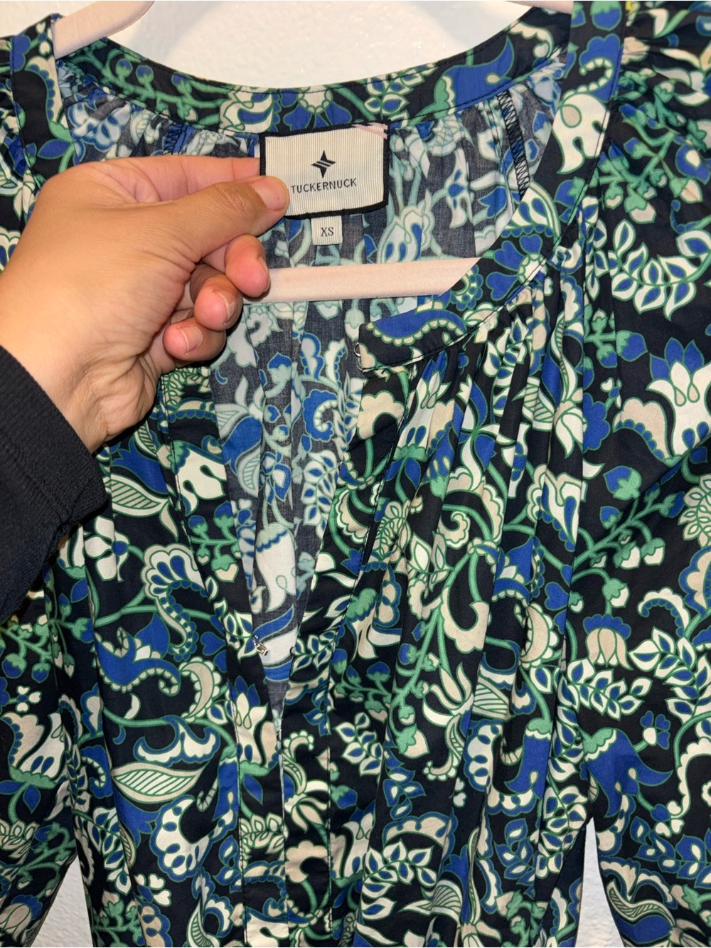 Tuckernuck Batik Floral Lyles Green Blue Puff Sleeve Belted Midi Dress Xs View 2